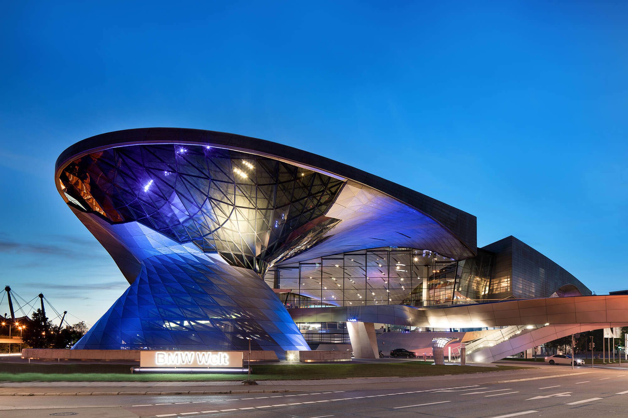 BMW Museum, Munich, Germany at night.